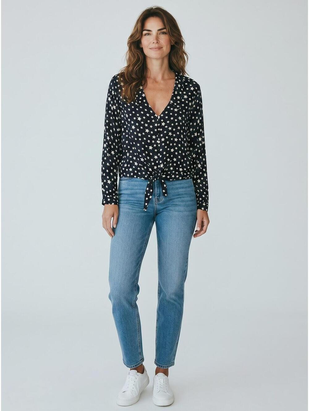 Zara EUC Tie-Front Blouse-Size XL-Black with White Stars